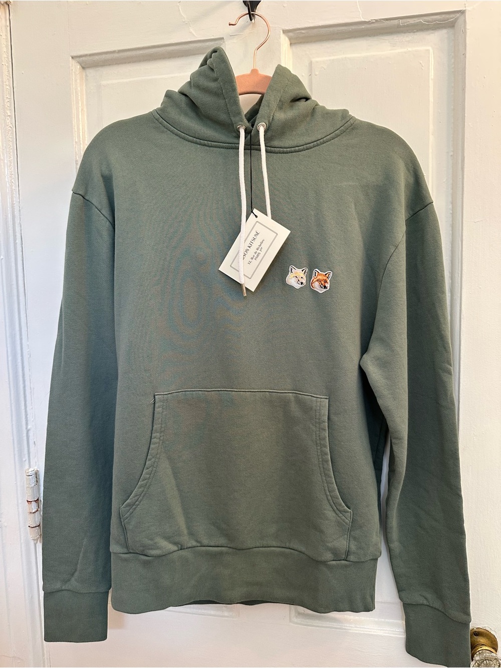 NWT MAISON KITSUNE Sage Green Hooded Sweatshirt with Fox Patch